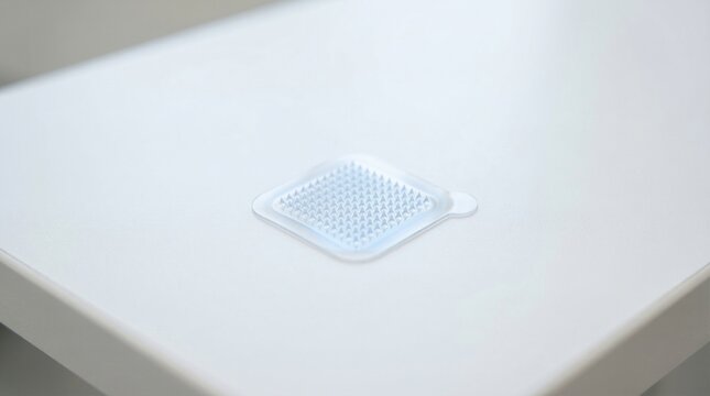 A small white square medical patch or transdermal delivery system with a micro needle array is placed on a clean white surface representing innovative healthcare technology and advanced medicine use
