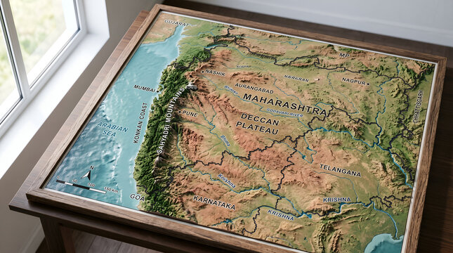 Detailed Topographical Maharashtra Map in Wooden Frame