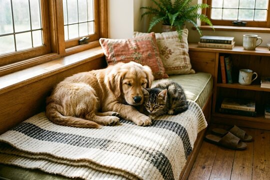 Tabby Cat & Yellow Labrador Dog Sleeping Peacefully in Diffused Sunlight Streaming Through a Window Warm the Animals' Fur in Living Room of Pristine Furniture Green Potted Plants. Puppy & Kitten Sleep