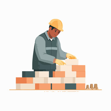 Man wearing hard hat building bricks.