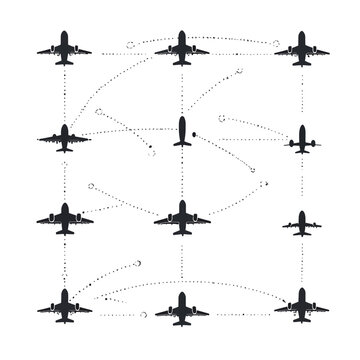 Airplanes flying in formation flight paths.