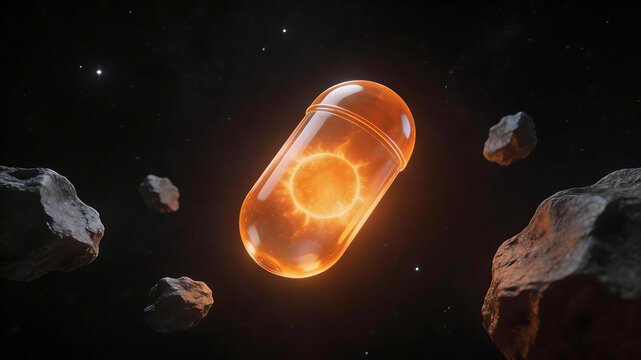 Glowing capsule in space with asteroids emphasizing environmental sustainability and eco-tourism