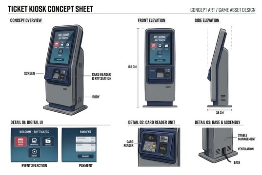 Modern Ticket Kiosk Devices with Touchscreen Interfaces and Card Readers.