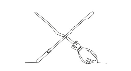 Crossed magic wand and broomstick, single line drawing, fantasy, wizardry, enchantment © Azizi