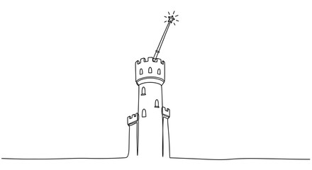 Fantasy Tower with Magic Wand and Sparkles - Line Art Illustration © Azizi