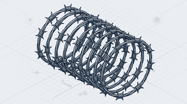 A coiled roll of sharp metal barbed wire on a light background.