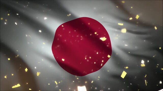 高級感あふれる日本国旗と光片が舞う映画風アニメーション背景