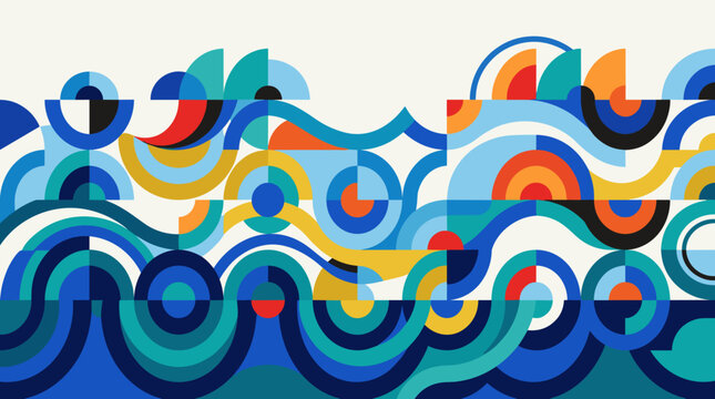 Abstract Geometric Pattern with Colorful Circles and Waves.