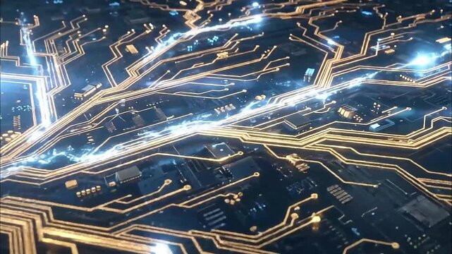 Golden circuit board pathways growing and branching with pulses of light flowing through them 4K Videos
