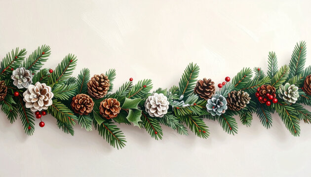 Elegant holiday garland with fir greenery and decorations on a white background.