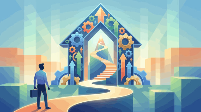 Businessman standing in front of a stylized house with gears and arrows