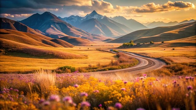 A photo of a winding road navigating through vast golden grasslands under a pink mountain range, surrounded by wildflowers and distant valleys Windin