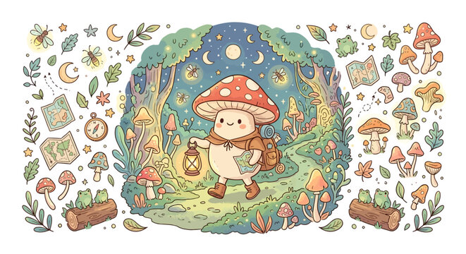 Cute Mushroom Explorer Character with Magical Forest Doodles