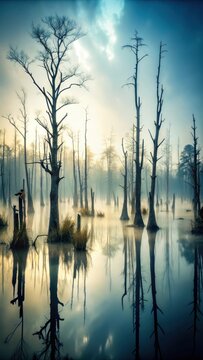 A photo of a sinister swamp shrouded in thick fog with dead trees standing eerily still Mysterious mist hangs low, casting an eerie glow Dark, omino