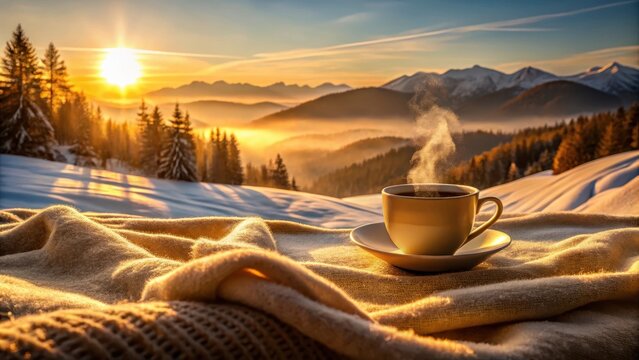 A photo of a serene winter morning with a warm coffee steaming on a mountain blanket under the golden rays of the rising sun The scene is bathed in s
