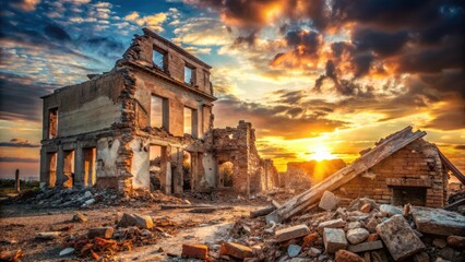 Fototapeta premium A realistic photo of Old ruins of a buildingThe debris of the damaged building on sunset sky background