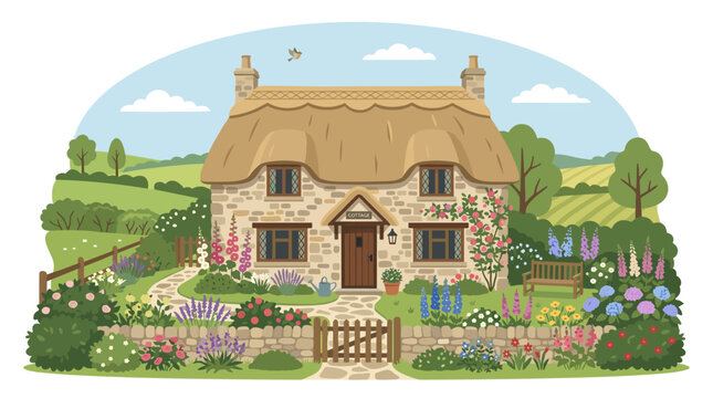 Charming English cottage with a beautiful blooming garden in a picturesque countryside landscape.