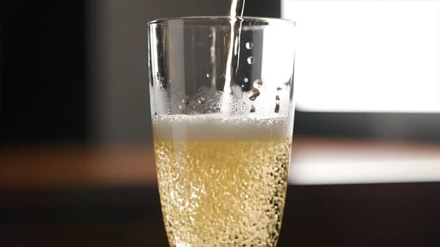 Effervescent golden liquid cascades into a tall clear vessel creating a lively symphony of tiny bubbles and frothy crests evoking refreshment and celebration. Ultra HDHigh Resolution Photorealistic Hy