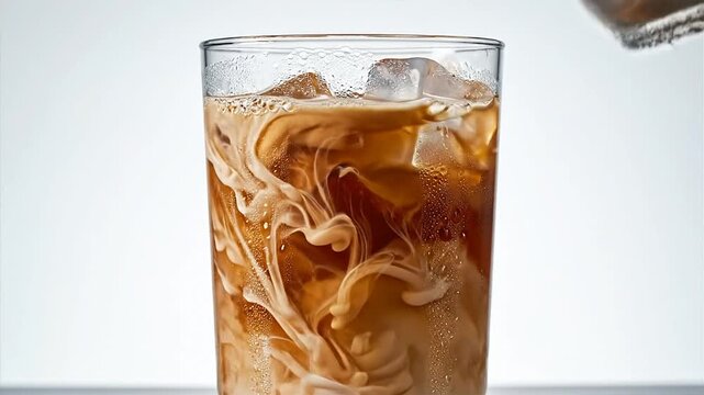 A tall glass filled with refreshing iced coffee showing swirls of creamy milk artfully blending into the dark brew over a bed of crystal clear ice cubes perfect for a warm day. Ultra HDHigh Resolution
