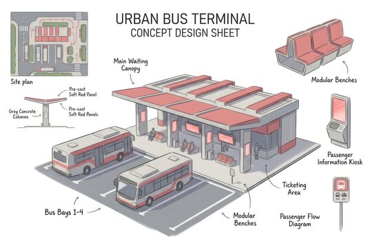 Urban Bus Terminal Concept Design Sheet with Parking and Shelters.