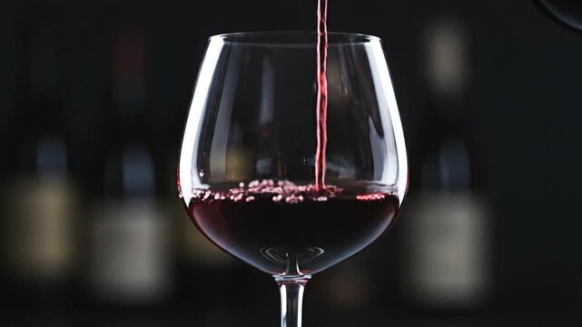 Rich ruby liquid cascades into a crystal stemmed goblet reflecting a deep inviting hue perfect for showcasing fine wine appreciation sommelier expertise and a sophisticated evening's indulgence. Ultra