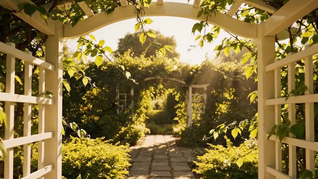 White wooden garden arch framing a sunny stone path with climbing leaves, layered garden doorway, warm golden light, elegant cottage walkway, peaceful botanical entrance in a lush landscaped setting