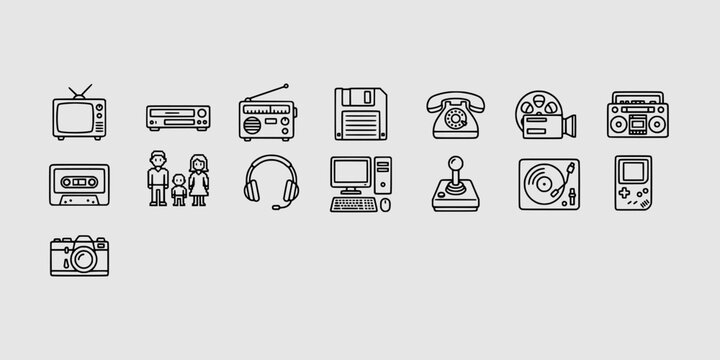 Icon set collection of vintage electronics and retro gadgets featuring classic television, cassette tapes, floppy disks, and old desktop computers.