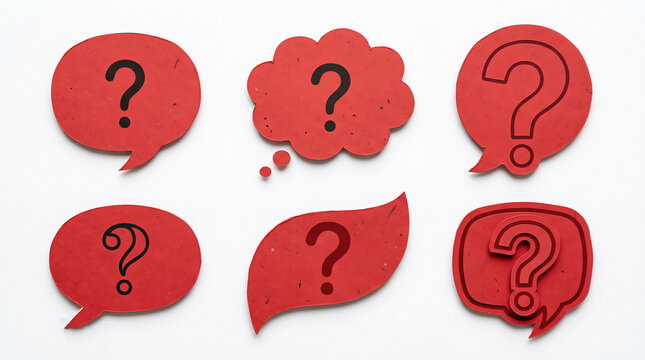 Set of red paper speech and thought bubbles with question marks, isolated on a white background