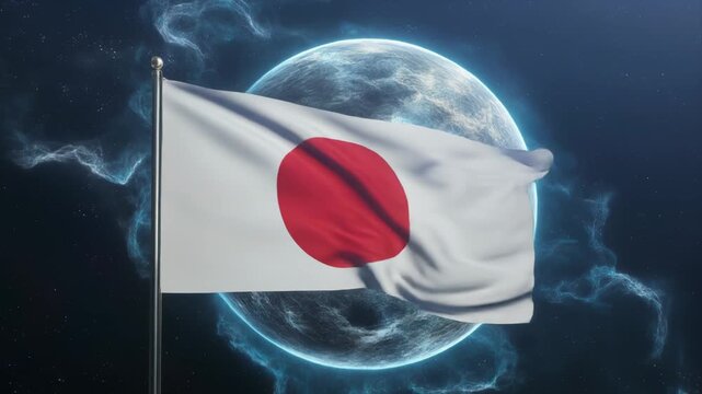 日本国旗と巨大エネルギー波が広がる壮大な近未来背景