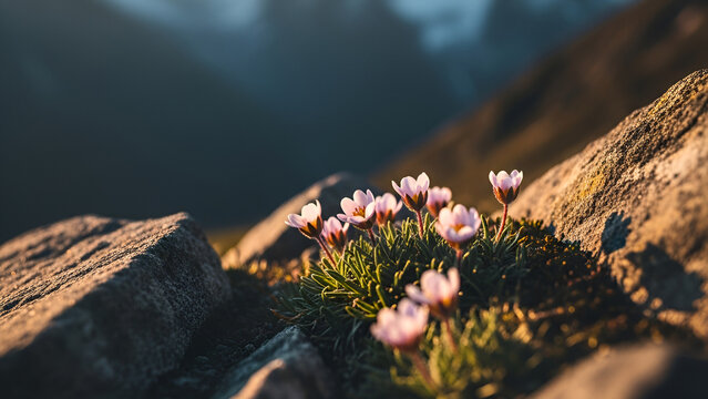 Tiny Pink Flowers Bloom on Mountain Rocks at Sunrise