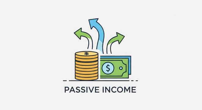 Illustration of passive income concept with coins and banknotes upward arrows stock market financial freedom earnings per share