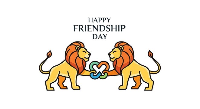 Happy friendship day concept with two lions holding knotted infinity heart emblem in paws art.