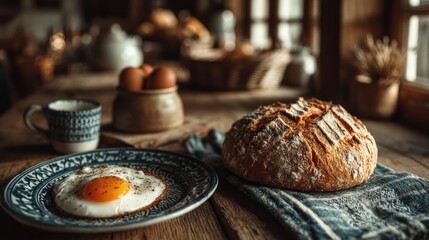 Fototapeta premium Close-up of rustic table with breakfast; bread, fried egg, eggs, and mug set for a meal