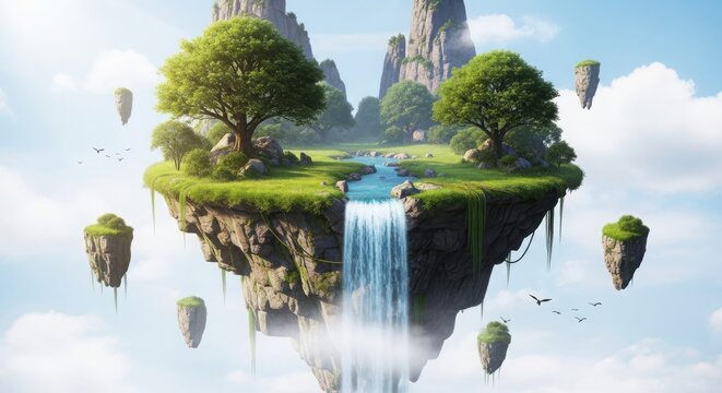 Fantasy floating islands with waterfall and lush greenery in a dreamlike sky floating island fantasy art digital art magical world
