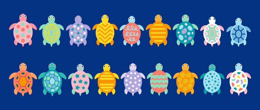 Set of Colorful Cartoon Sea Turtles on Blue Background for Ocean Life and Kids Design