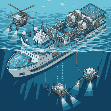 Advanced deep-sea research vessel with helicopter and submersibles exploring the ocean depths.