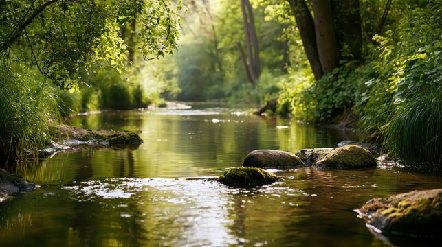 A serene forest stream flows gently through lush greenery and moss-covered rocks under dappled sunlight.