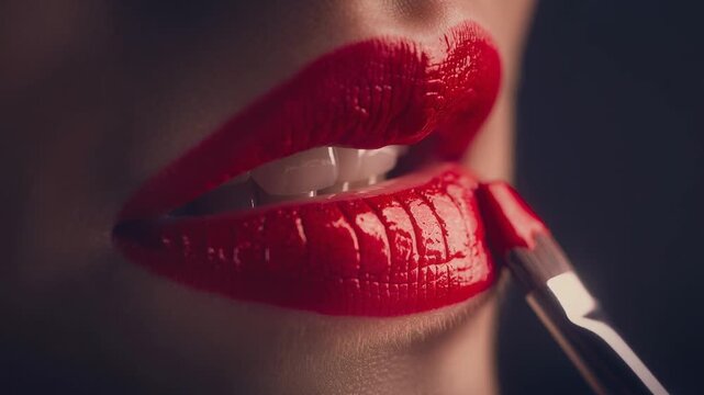 Close up of glossy red lipstick being carefully applied with a brush for perfect makeup look