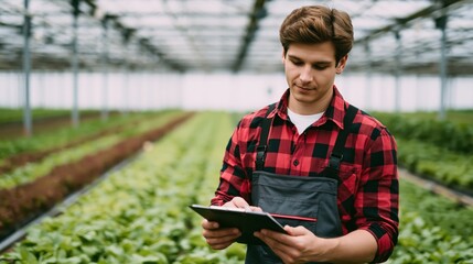 Fototapeta premium A young man in a greenhouse takes notes on a clipboard while inspecting rows of plants under a glass roof.