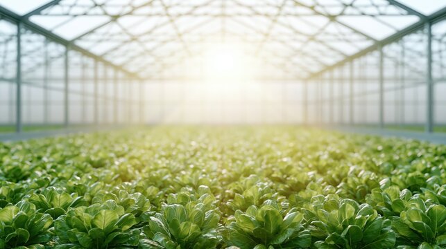 A sunlit greenhouse filled with rows of healthy green lettuce plants growing in a controlled environment.