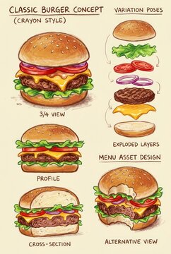 Classic Burger Concept Artistic Illustration of a Delicious Hamburger with Variations.