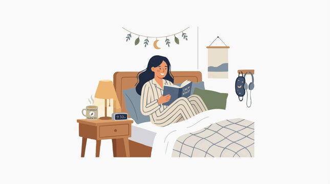 Woman reading book in bed at night, cozy indoor bedroom scene for relaxation, self-care, and comfortable evening routine lifestyle content