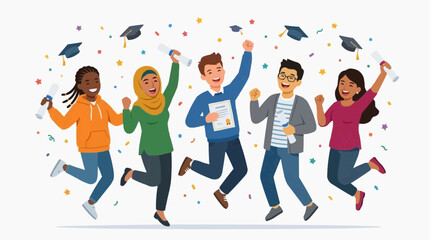 Obraz premium Graduation caps celebrate multicultural students tossing diplomas, confetti and success, education achievement concept for business training marketing