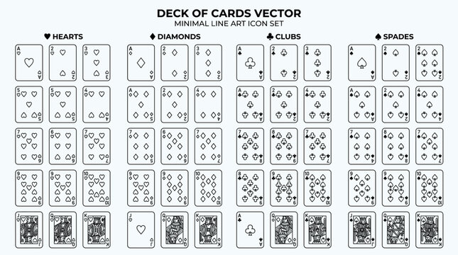 Minimalist Line Art Deck of Playing Cards Vector Icon Set.