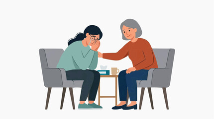 Fototapeta premium Therapist comforting patient in counseling session at home, caring guidance concept for mental health support and stress relief