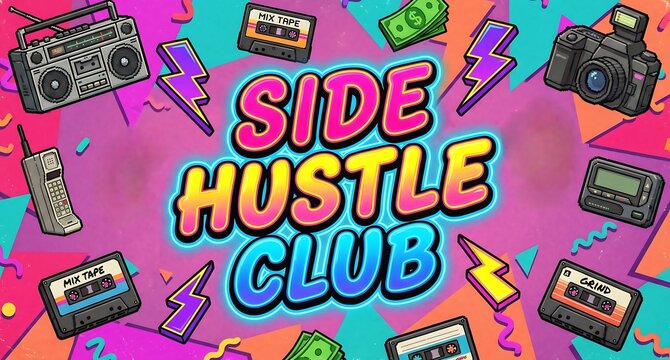 Retro poster design with Side Hustle Club text and vintage electronics