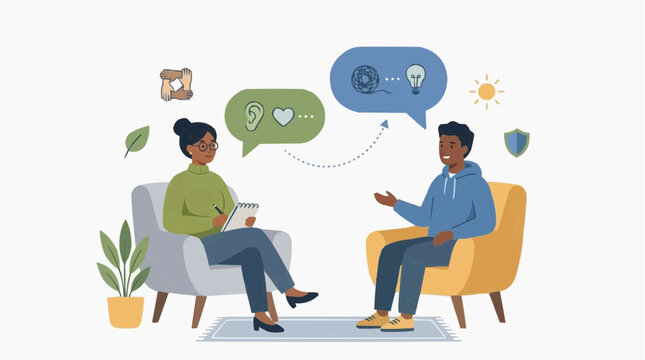 Therapist consultation with clients in office setting showing mental health support, communication, and productivity coaching for business wellbeing