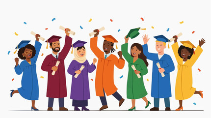 Fototapeta premium Graduates celebrating with caps and gowns in academic crowd, joyful teamwork concept for education marketing and recruitment