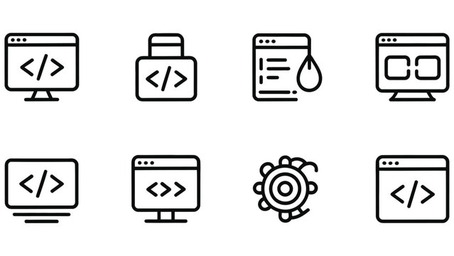 Collection of eight minimalist vector line art icons representing programming and technology concepts on a white background