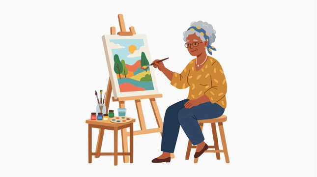 Woman painting on canvas with colorful landscape and artistic tools, creative hobby and self-expression concept